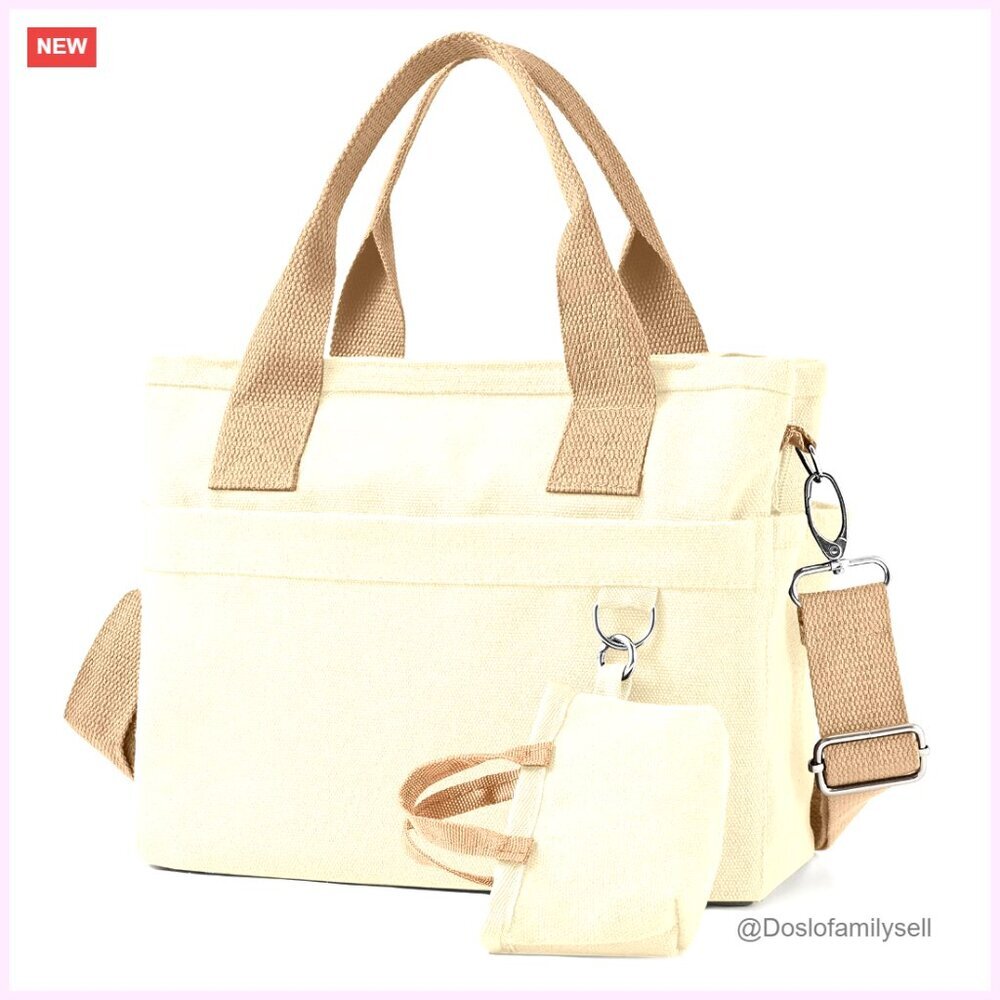 Canvas Tote Bag with Multiple Pockets and Adjustable Crossbody Strap